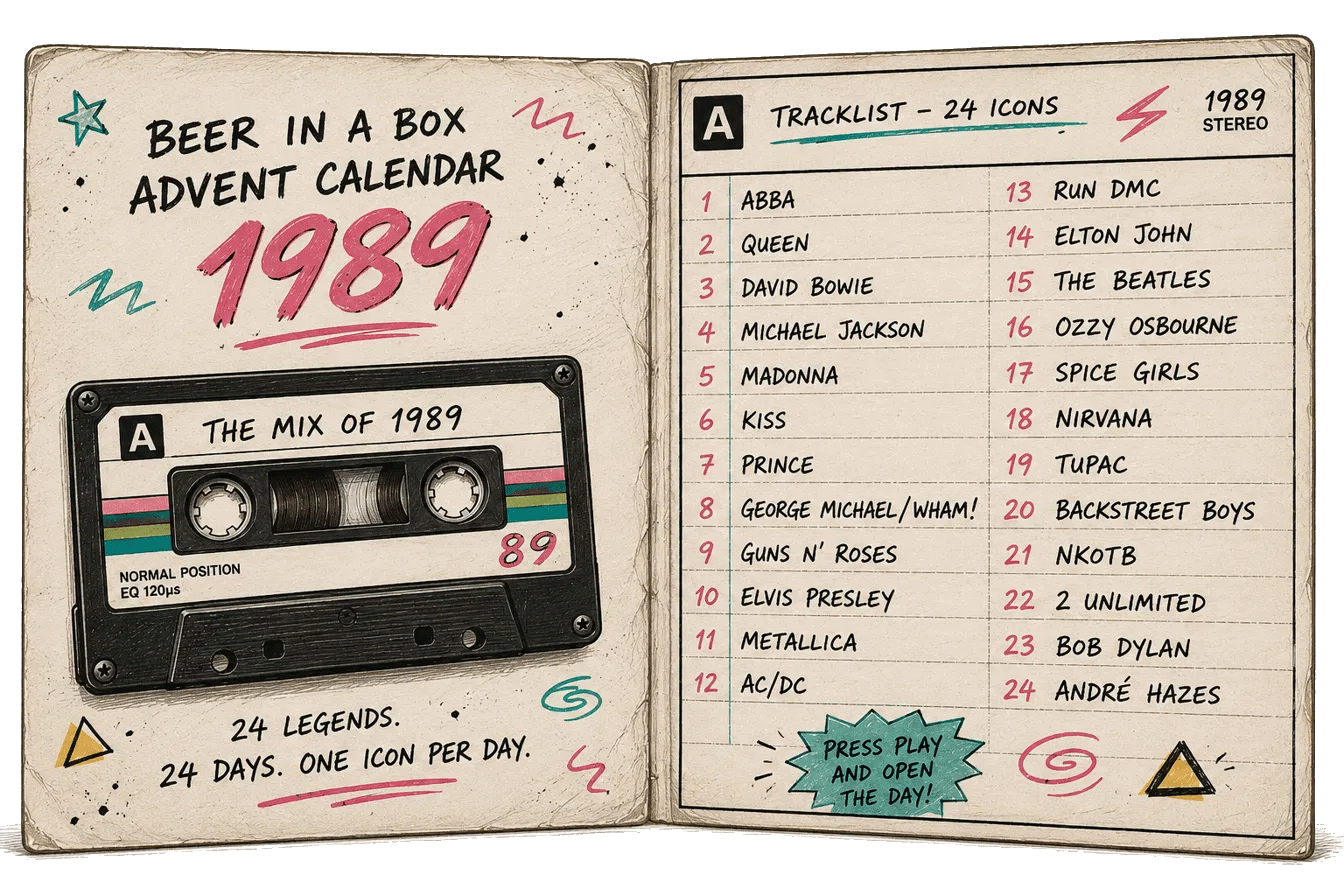 Beer in a Box cassetteboekje met 24 muziek-iconen als tracklist